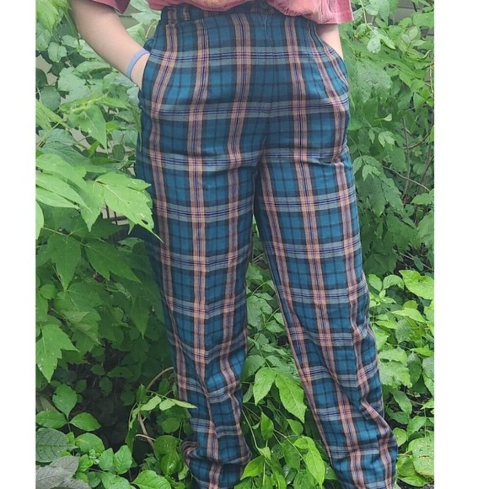 Braemar Wool‎ Plaid Pants Teal Brown Vintage High Waist Tapered Career